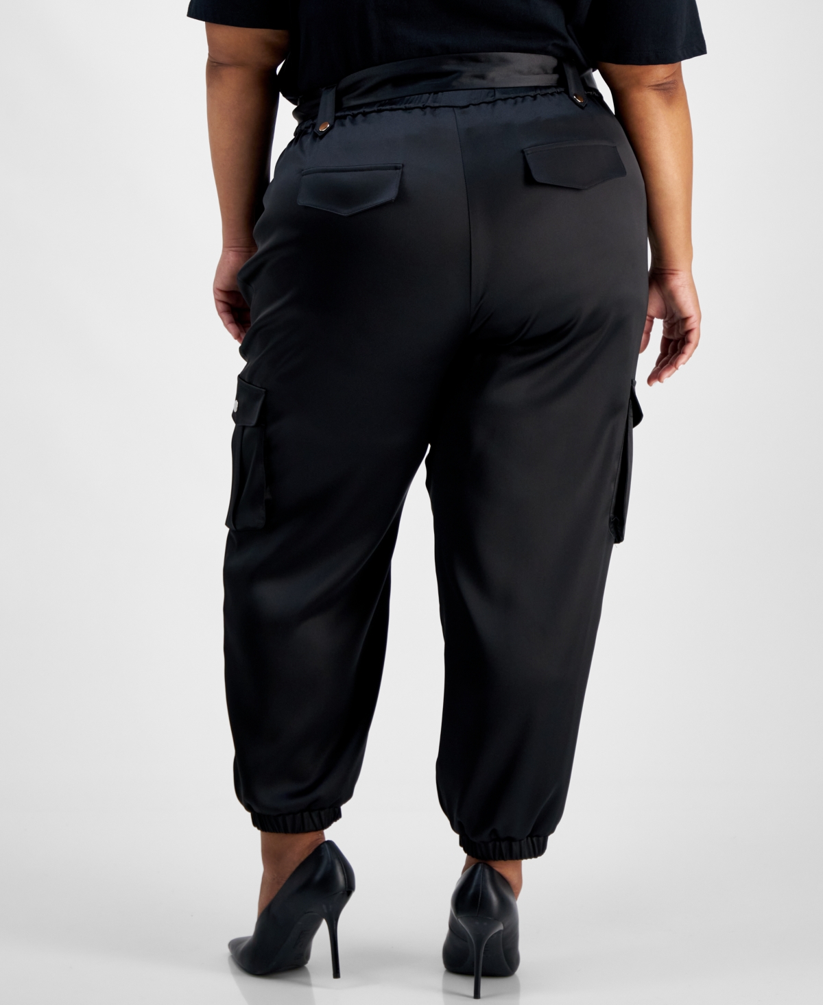 I.n.c. International Concepts Plus Size Belted High-Rise Satin Cargo Pants, Created for Macy's