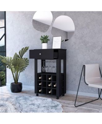 Ace Bar Cart, With Twelve Built-in Wine Rack, Casters, Drawer, Glass Rack-Black