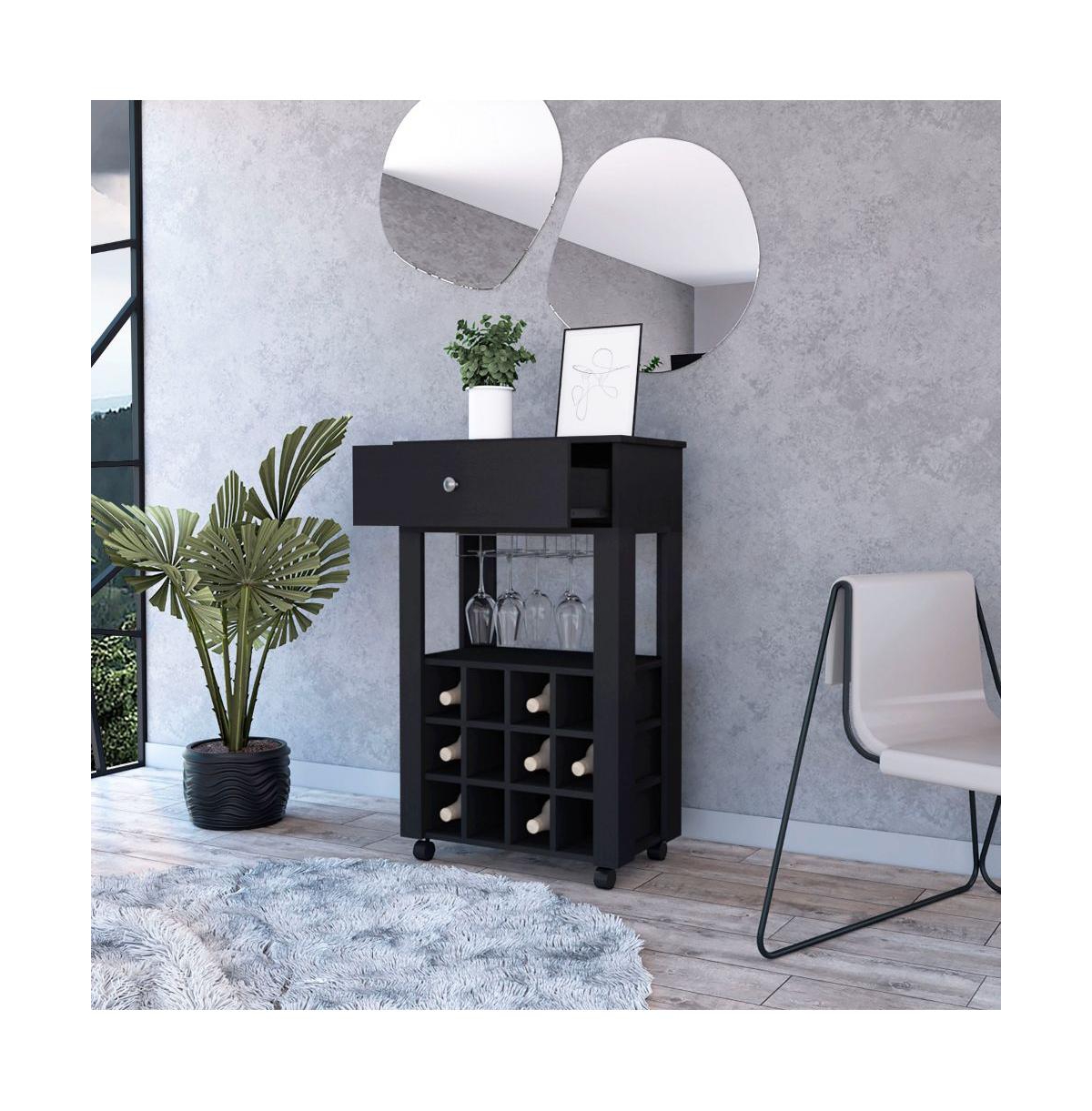 Fm Furniture Ace Bar Cart, With Twelve Built-in Wine Rack, Casters, Drawer