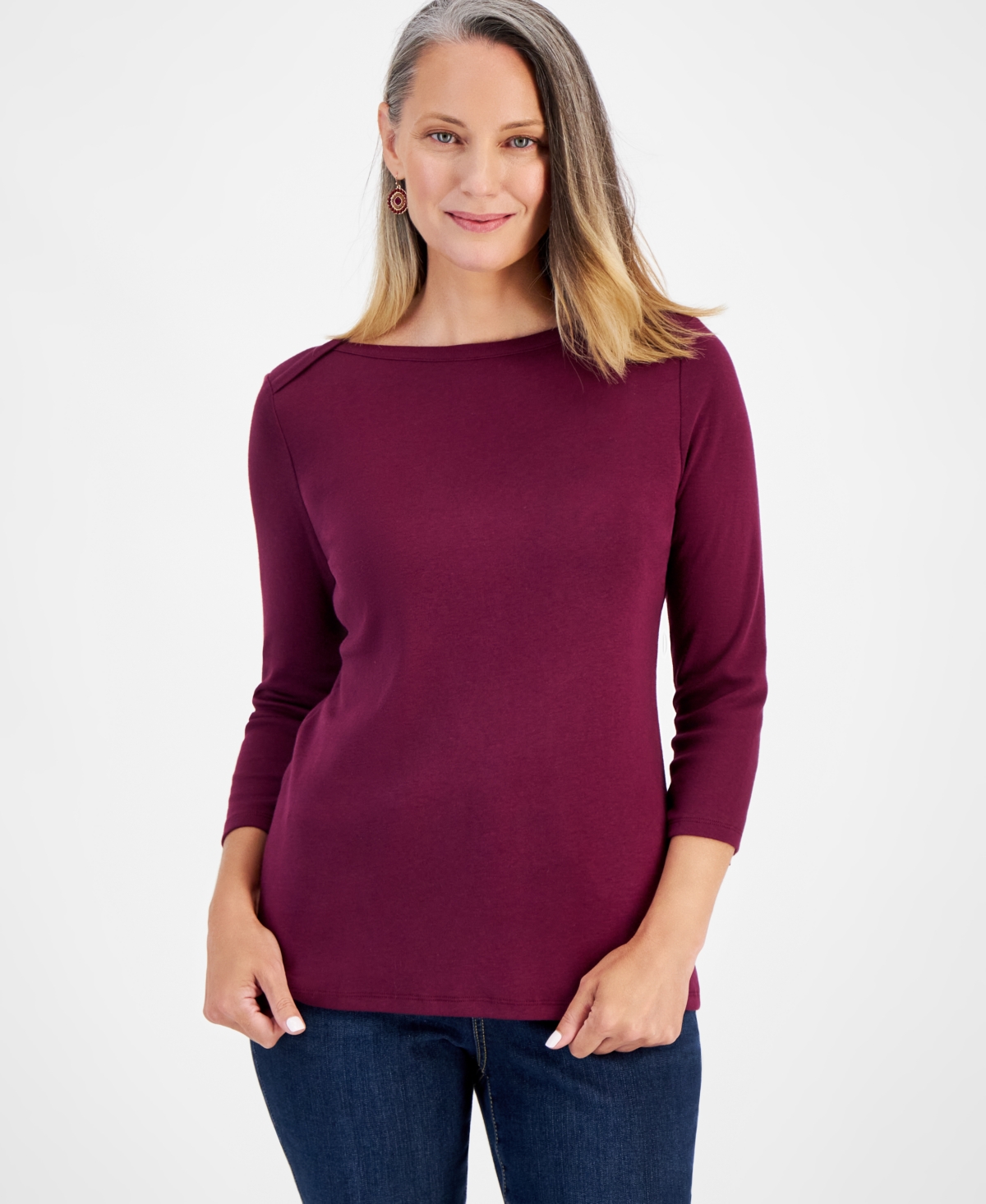 Style & Co Women's Pima Cotton 3/4-sleeve Boat-neck Top, Regular & Petite, Created For Macy's In Berried Treasure