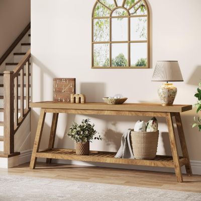 Farmhouse Console Entryway Table: 70.9 Inches Extra Long Console Table for Entryway, 2-Tier Narrow Wood Foyer Sofa Couch Table