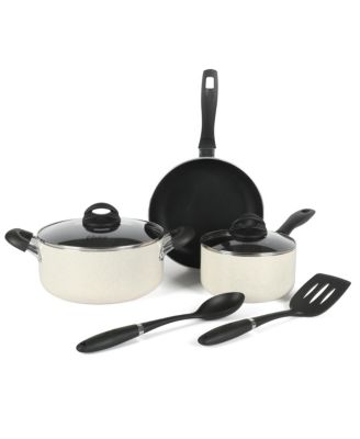 Clairorne 7 Piece Aluminum Premium Nonstick Pots and Pans Cookware Set W/ Induction & Bakelte Stay Cool Handle - White W/ Speckle