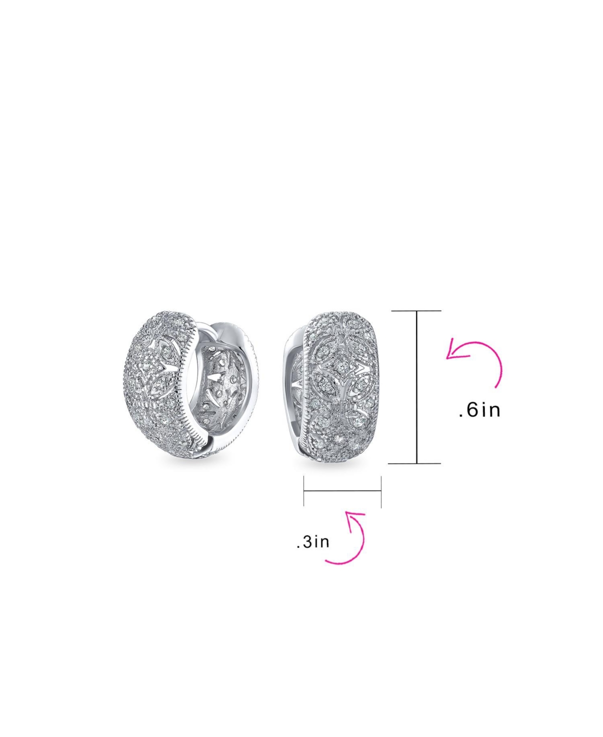Bling Jewelry Victorian Style Filigree Flower Cz Accent Wide Huggie Hoop Earrings Cubic Zirconia Silver Rose Gold Plated