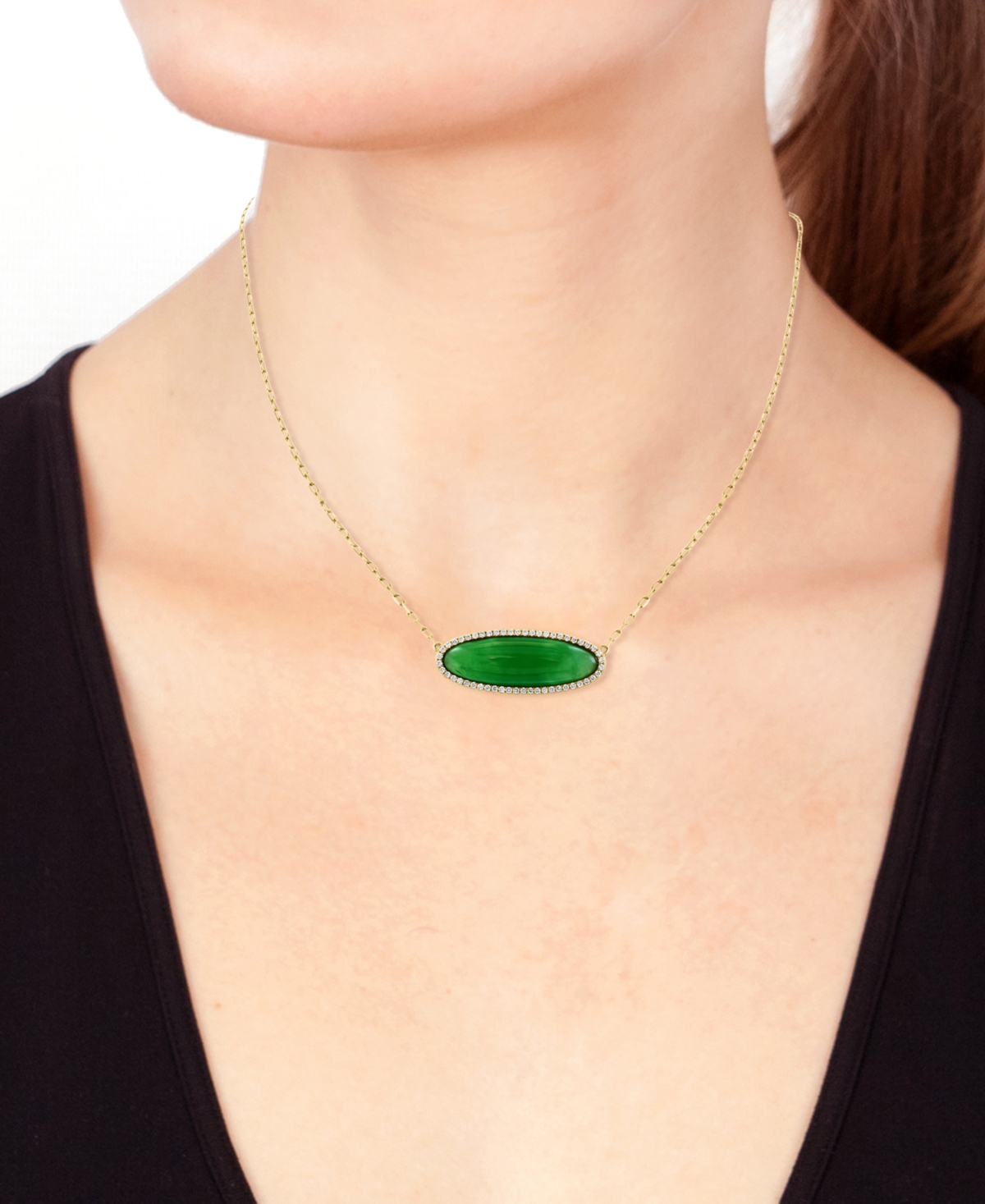 Effy Collection Effy Dyed Jade & Diamond (1/5 Ct. T.w.) Oval Pendant Necklace In 14k Gold, 16" + 2" Extender In Green