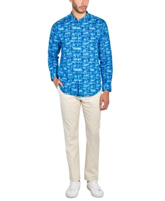 Men's Moisture-Wicking Abstract leaf-Print Button-Down Mandarin Shirt