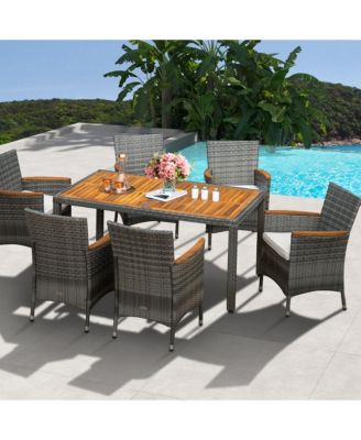 7PCS Outdoor Dining Set Patio Acacia Wood and Rattan Furniture Set w/ Cushions