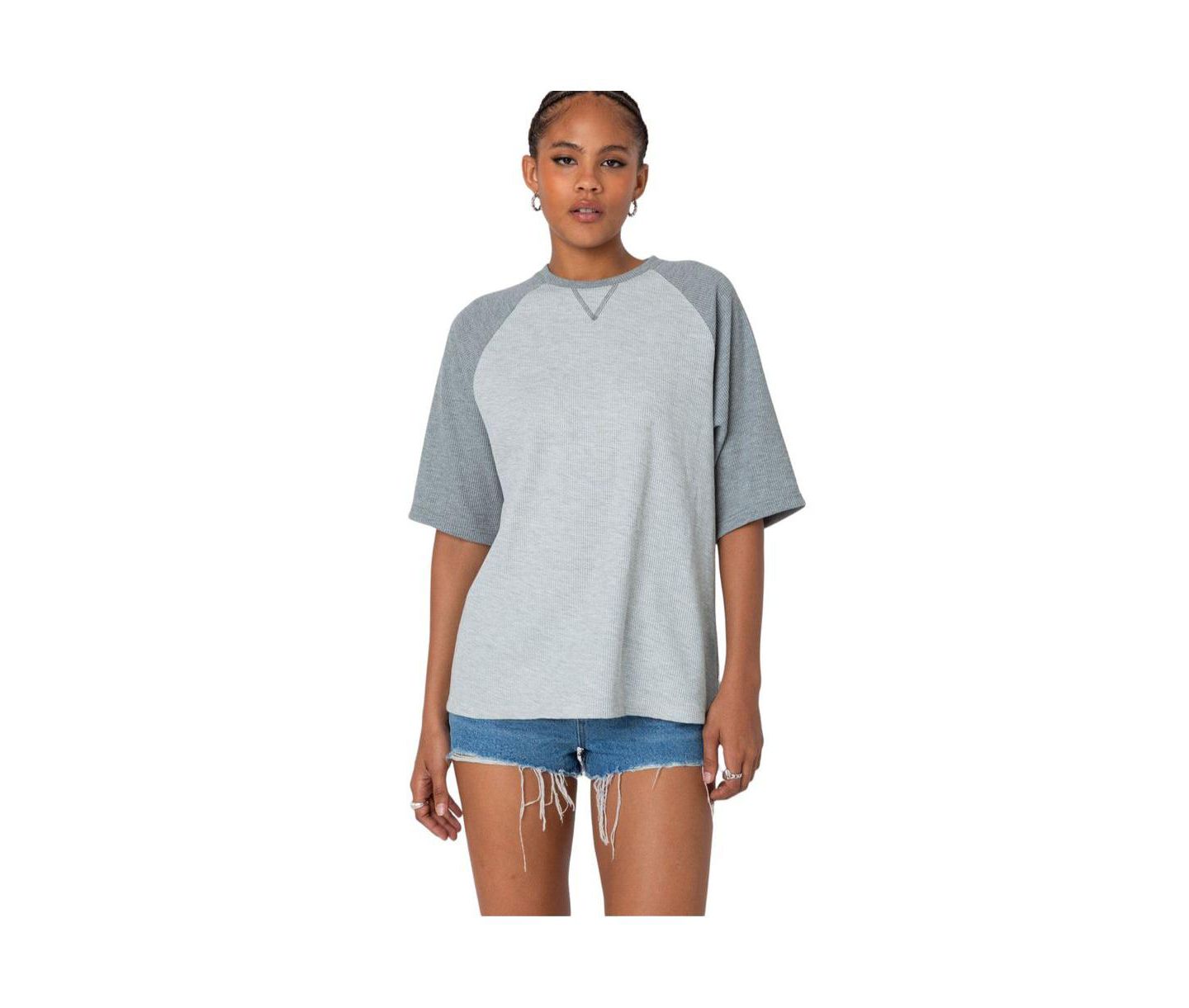 Женская футболка Edikted Oversized Raglan Waffle, цвет: Серый — фото 1
