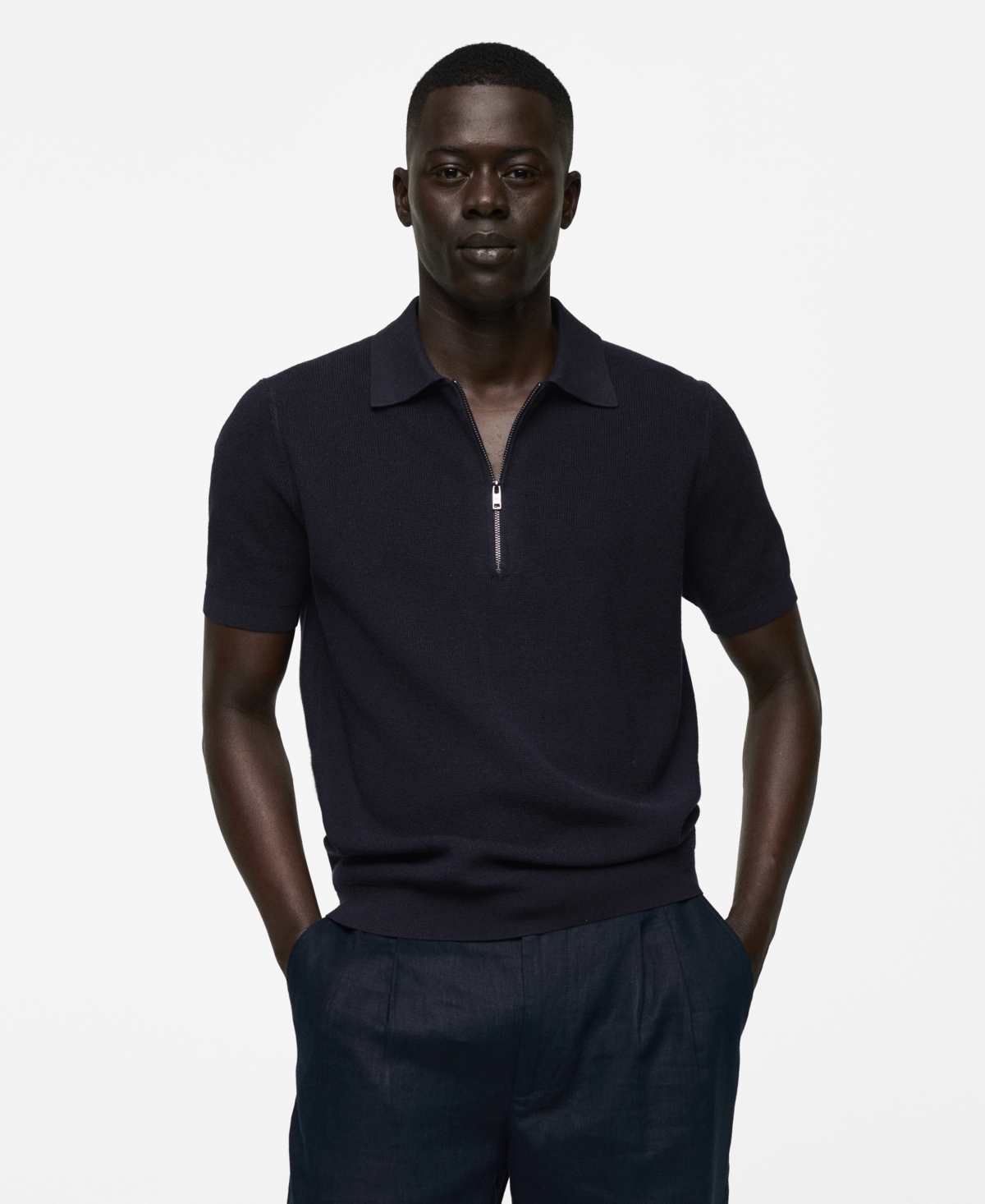 Men's Zip Detail Knitted Polo Shirt - Dark Navy