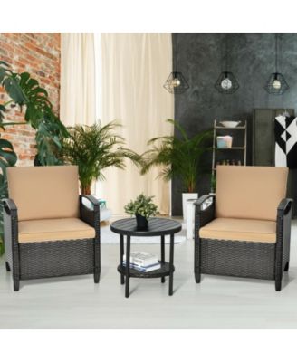 3 Pieces Patio Rattan Furniture Set Cushioned Sofa Storage Table with Shelf Garden