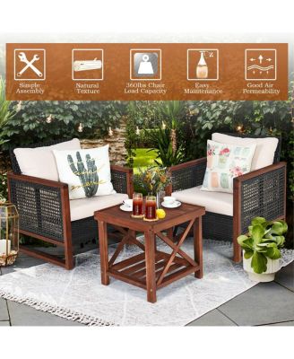 3 Pieces Patio Wicker Furniture Set with Washable Cushion and Acacia Wood Coffee Table-Beige