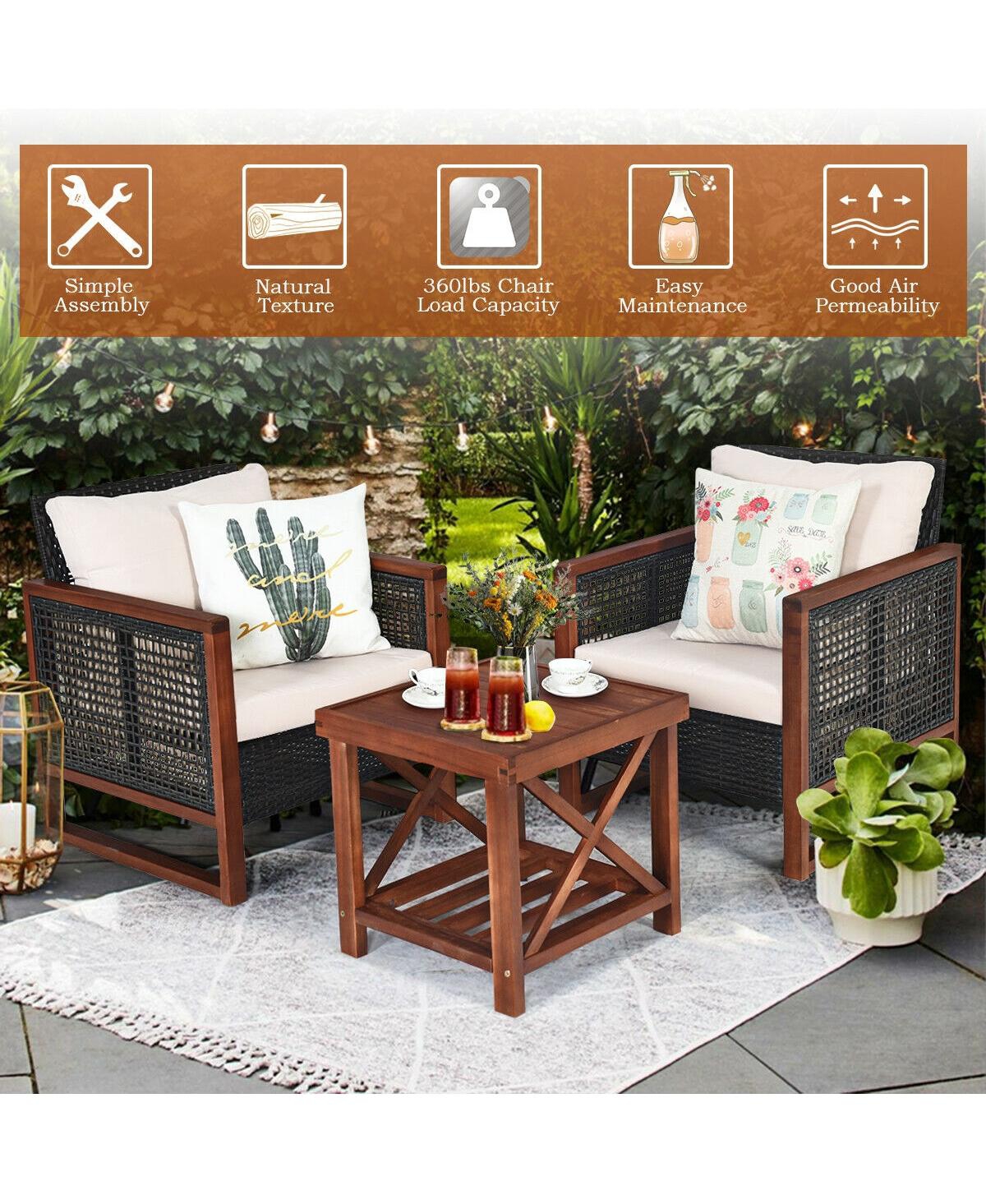 3 Pieces Patio Wicker Furniture Set with Washable Cushion and Acacia Wood Coffee Table-Beige
