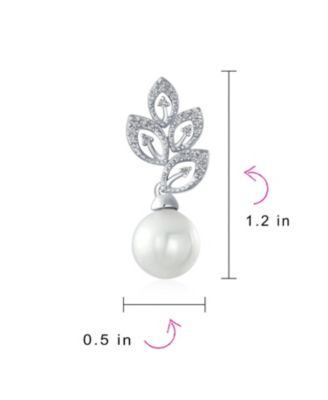 Statement Pave CZ Cubic Zirconia Leaf Simulated Pearl Drop Earrings Plated