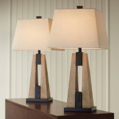 Mitchell Rustic Farmhouse Table Lamps 27" Tall Set of 2 Wood with USB Charging Port Oatmeal Tapered Rectangular Shade for Living Room