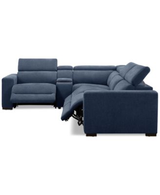 Nevio 5-Pc. Fabric Power Headrest L-Shape Sectional and Console with 3 Power Motion Chairs