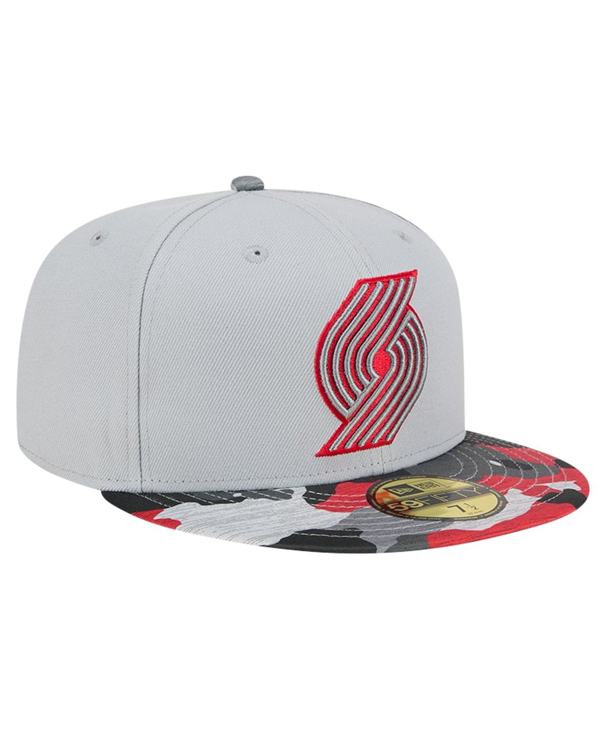 NEW ERA MEN'S GRAY PORTLAND TRAIL BLAZERS ACTIVE COLOR CAMO VISOR 59FIFTY FITTED HAT 