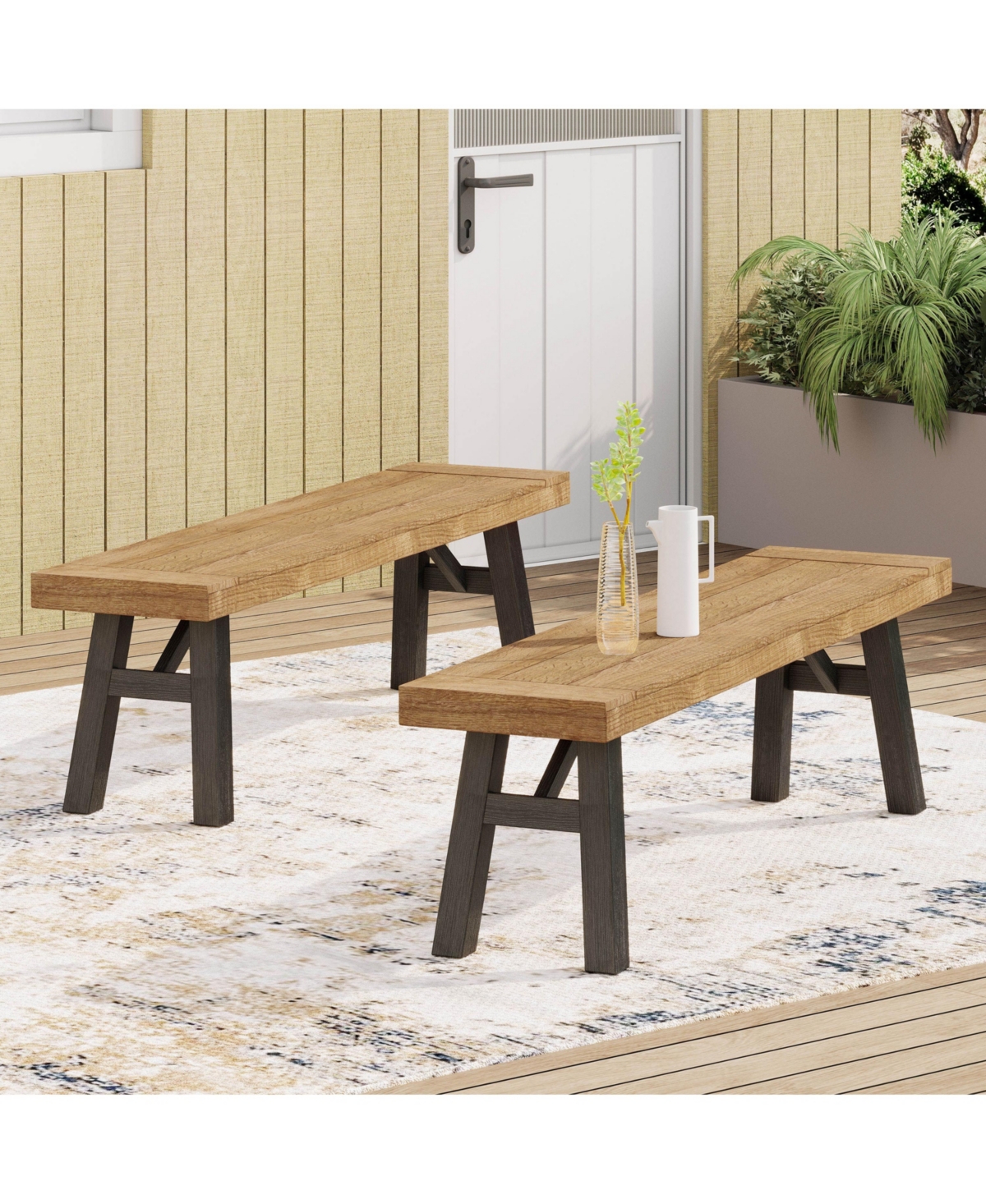 Simplie Fun Rustic Acacia Wood Bench Set with Slat Design and Two-Toned Finish