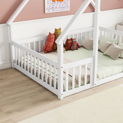 Full Wood House-Shaped Floor Bed with Fence, Guardrails, White
