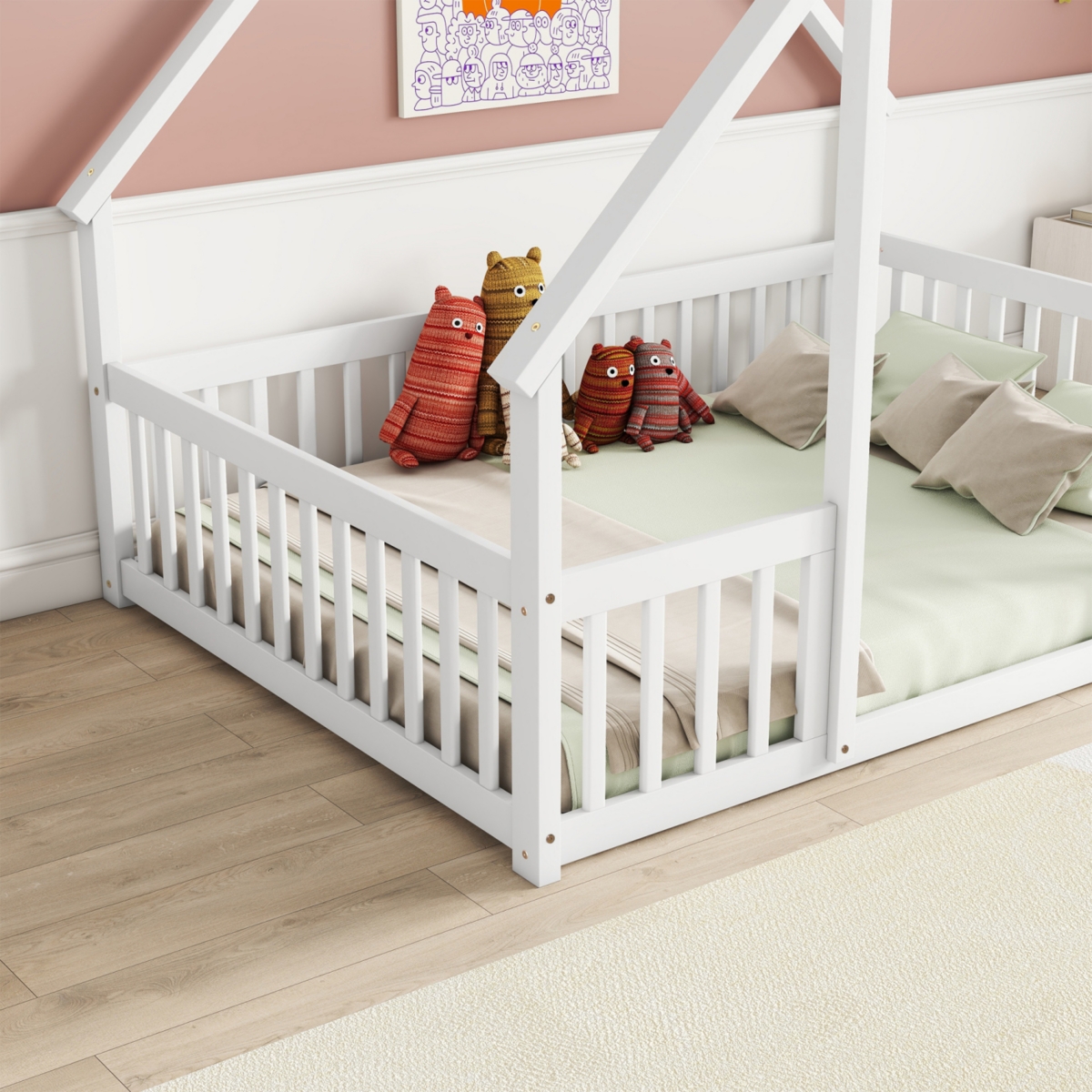 Simplie Fun Full Wood House-Shaped Floor Bed with Fence, Guardrails, White