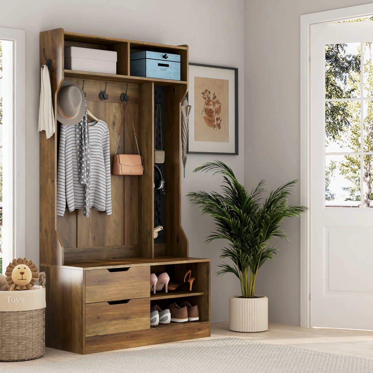 Streamdale Furniture Hall Tree with 6 Hooks, Coat Hanger, Entryway Bench, Storage Bench, for Entrance, Hallwa,- Brown