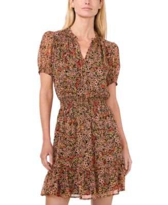 CeCe Women's Floral Short-Sleeve Tie-Neck Ruffled Dress - Macy's