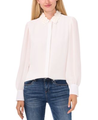 CeCe - Women's Floral-Appliqu&eacute; Collared Long-Sleeve Blouse