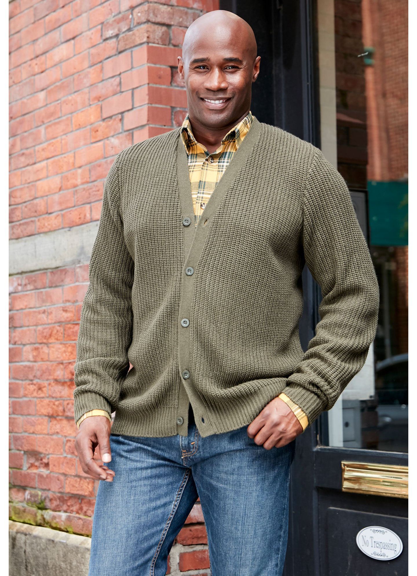 Мужской кардиган KingSize Shaker Knit V-Neck Cardigan, цвет: Чёрный — фото 3