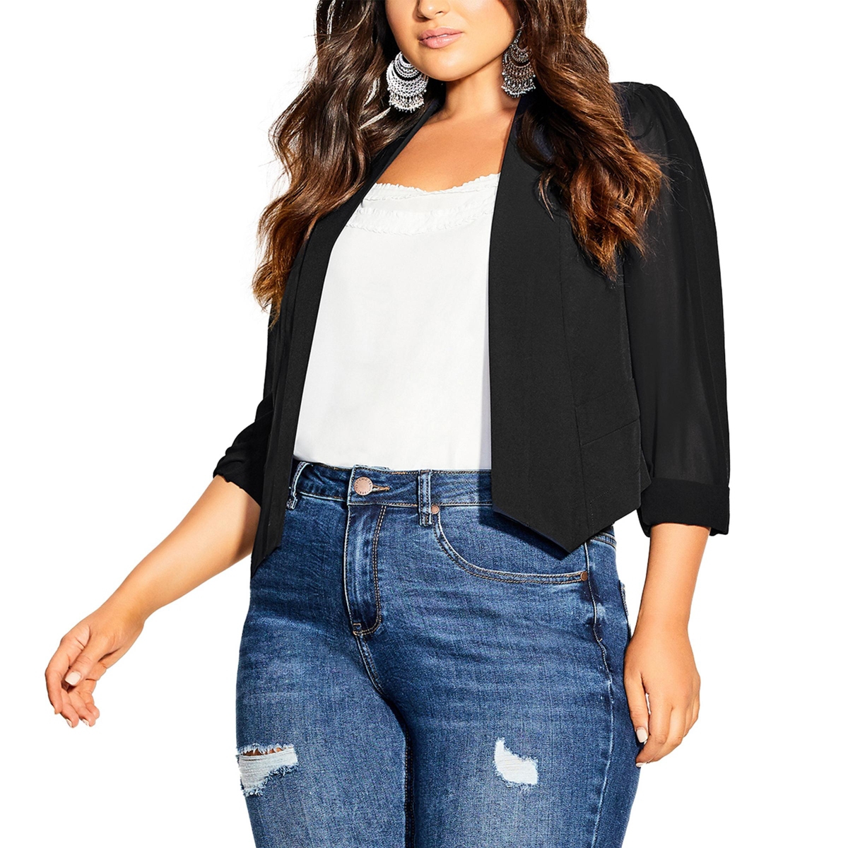 Plus Size Cropped Blazer Jacket - Black