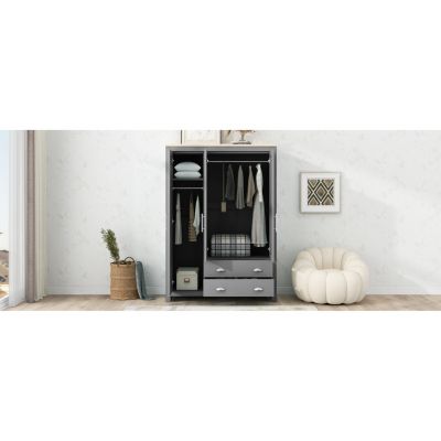 Streamdale Three Door Storage Wardrobe with Cabinets and Two Hanging Rods, Gray
