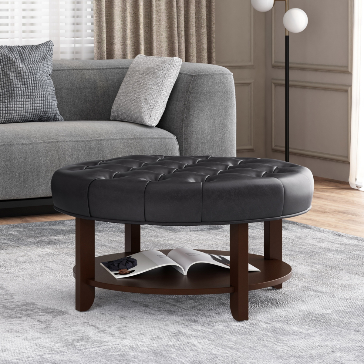 Streamdale Contemporary Faux Leather Tufted Ottoman with Open Shelf