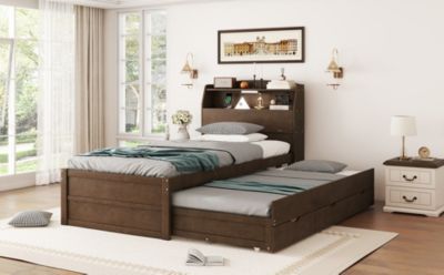 Twin Wooden LED Platform Bed with Storage & Trundle