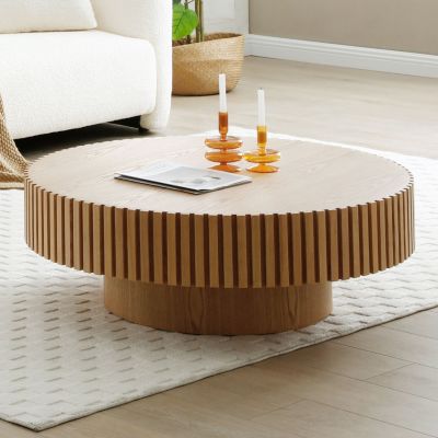 Streamdale Modern Round Wood Coffee Table with Handcrafted Relief (31.49)