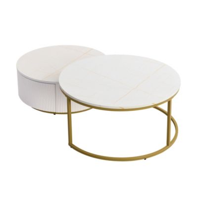 Streamdale Nesting Coffee Table – 2 Pc, MDF & Metal, Fluted Base, Drawer Storage, Round Modern Design for Living Room