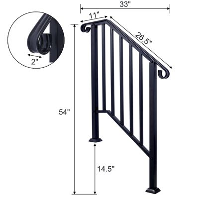 Streamdale Durable Steel Pipe 3-Step Handrail for Concrete Steps, Black