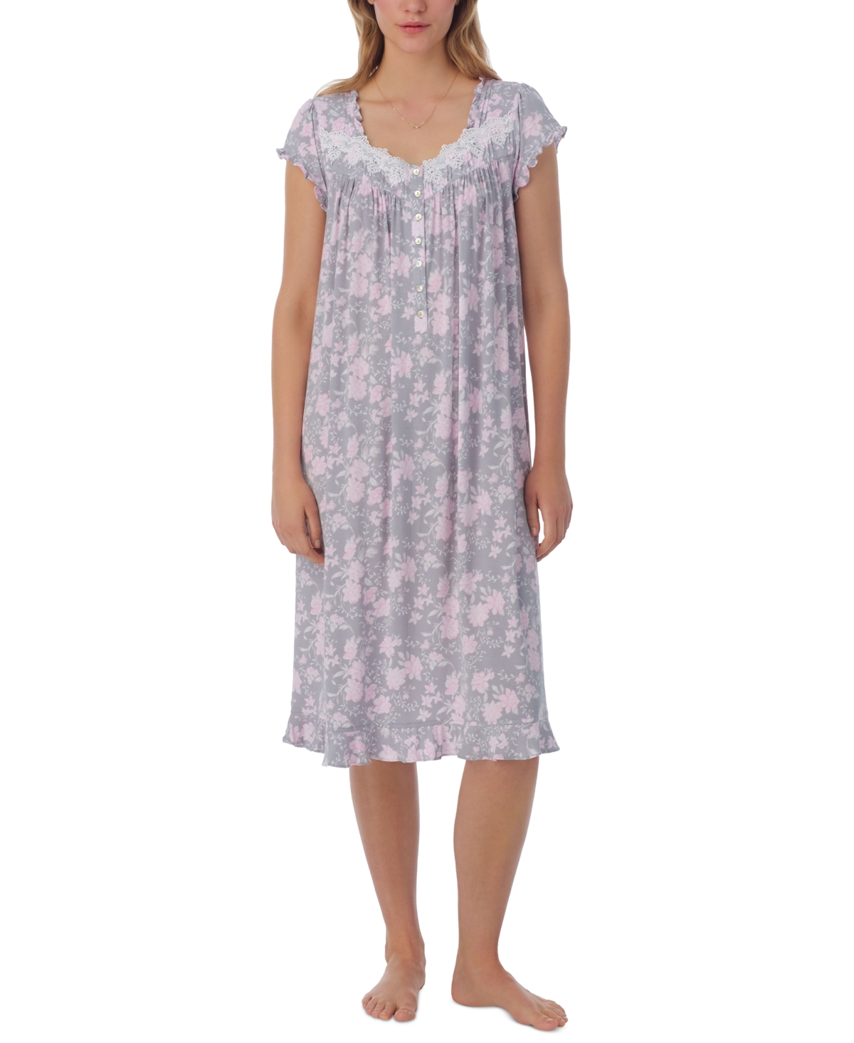 Women's Floral Lace-Trim Waltz Nightgown - Grey Floral