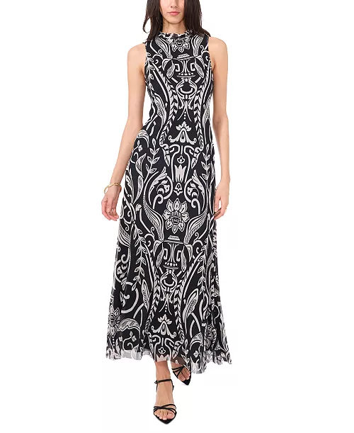 women's high-neck mesh-overlay dress