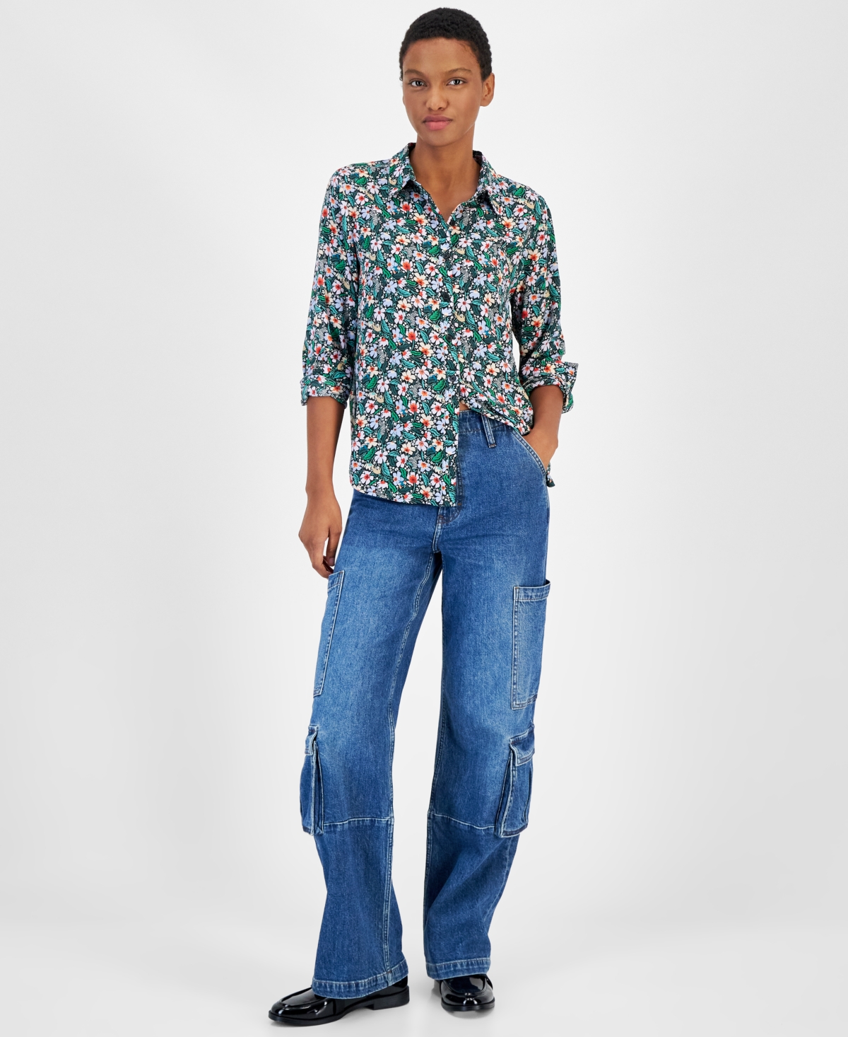 Women's Button-Front Crepe Shirt, Created for Macy's - Black Floral