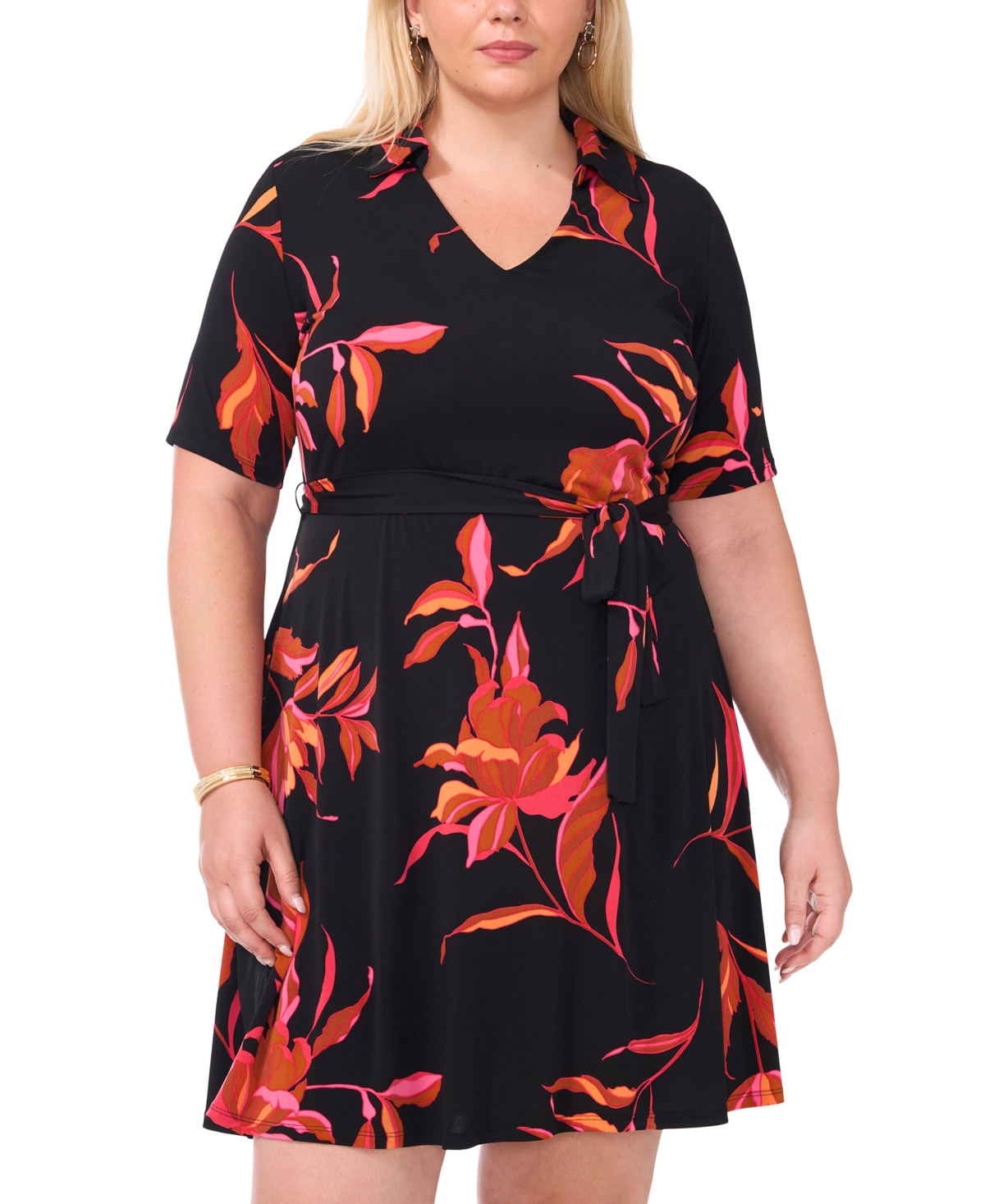 Msk Plus Size Printed Collared-v-Neck Fit & Flare Dress - Black 001
