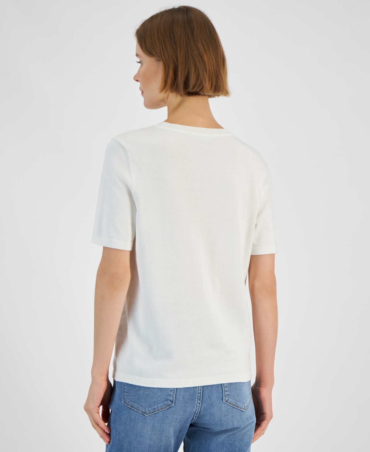 Tommy Hilfiger Women's Cotton Logo-Crest Crewneck Short Sleeve Sweater
