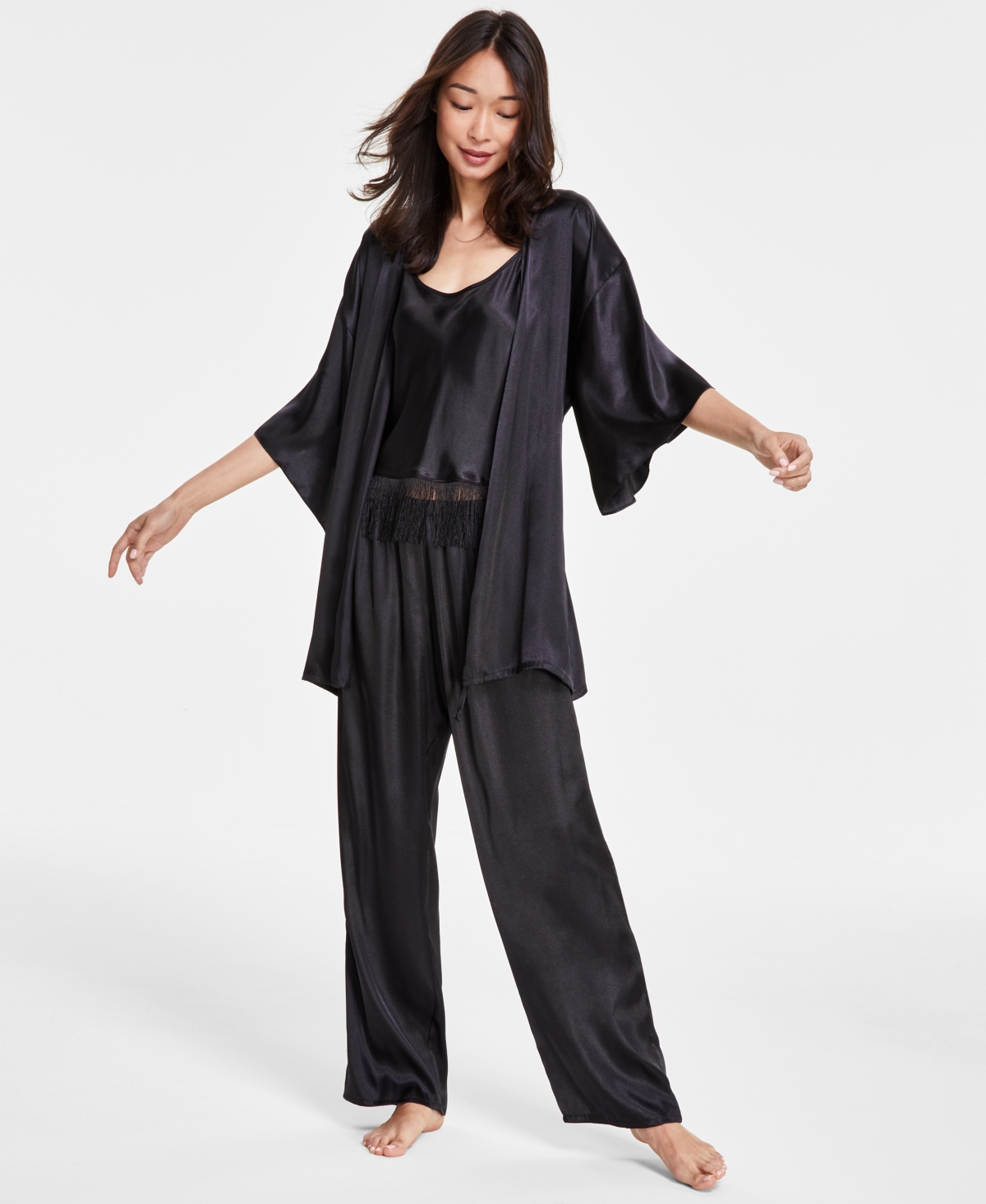 Linea Donatella Women s 3 pc. Satin Fringe Sleep Set In Black ModeSens