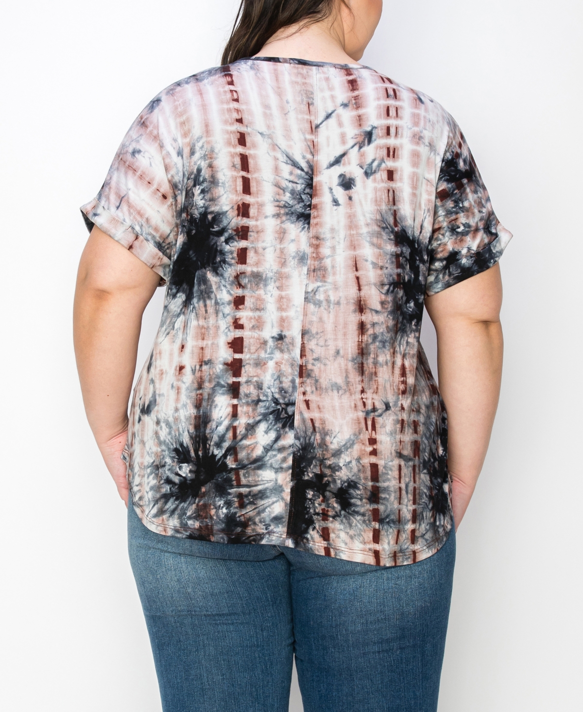 Coin 1804 Plus Size Tie Dye V-Neck Dolman Roll Sleeve Top -Rust