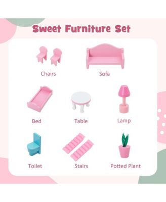 Kids Wooden Dollhouse Playset with 5 Simulated Rooms & 10 Pieces of Furniture