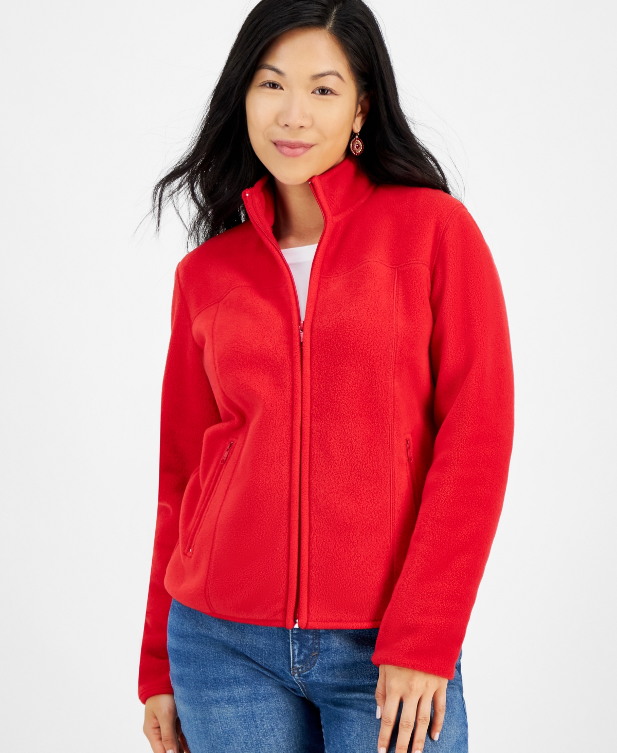 Style & Co Petite Polar Fleece Zip-front Jacket, Created For Macy's In Tango Red