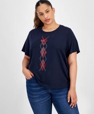 HOPELY Full Size Multi Colored Argyle Side Slit T-Shirt main image 0