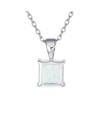 Dainty 4 Prong Set 1.25 CT Solitaire Square Princess Cut White Synthetic Opal Pendant Necklace Sterling Silver