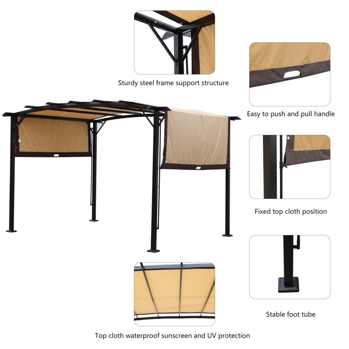 Streamdale Furniture Xxl Patio Gazebo with Retractable Canopy, Steel Frame for Outdoor Sun Shade - Beige+brown