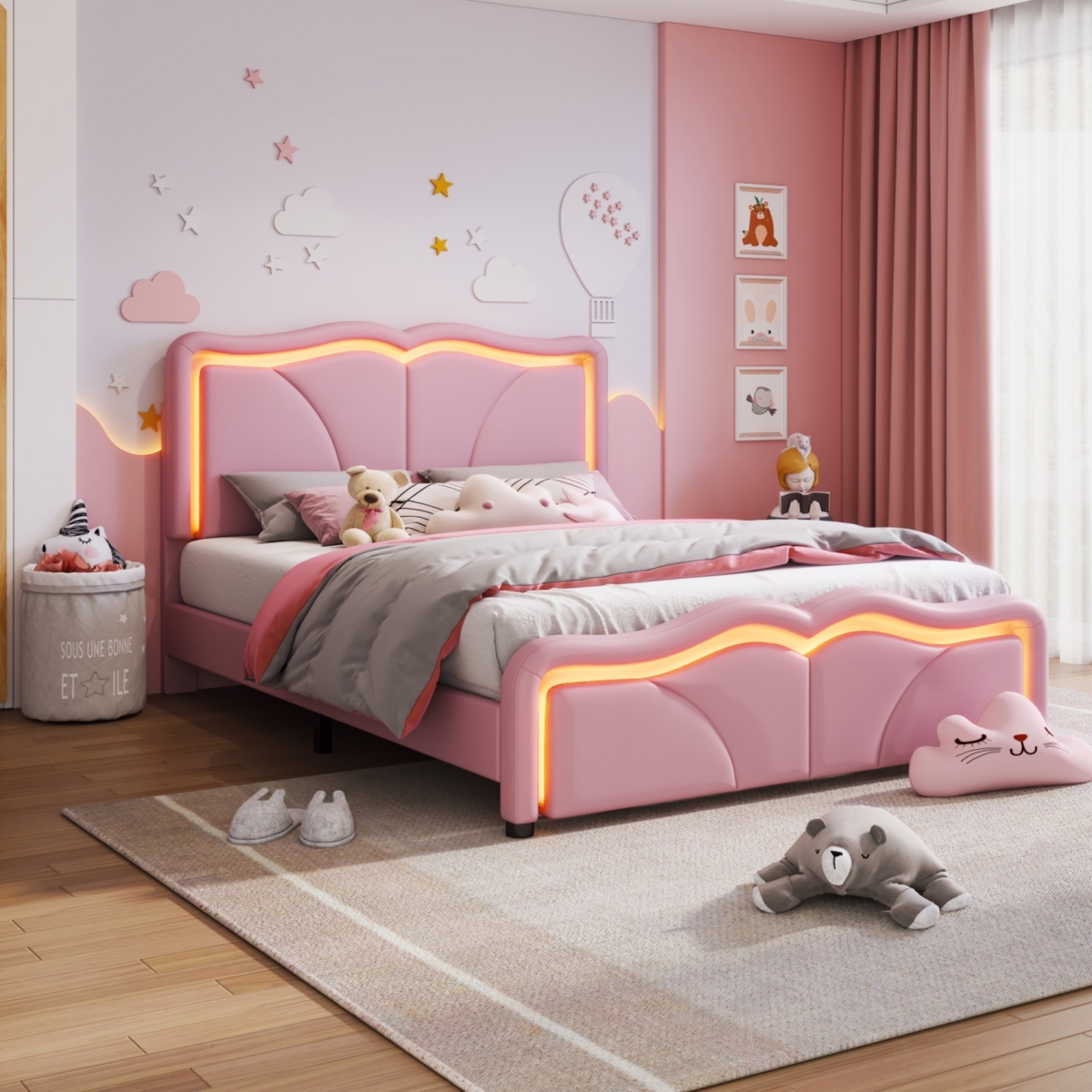 Streamdale Pink Platform Bed with Adjustable Headboard & Led Lights