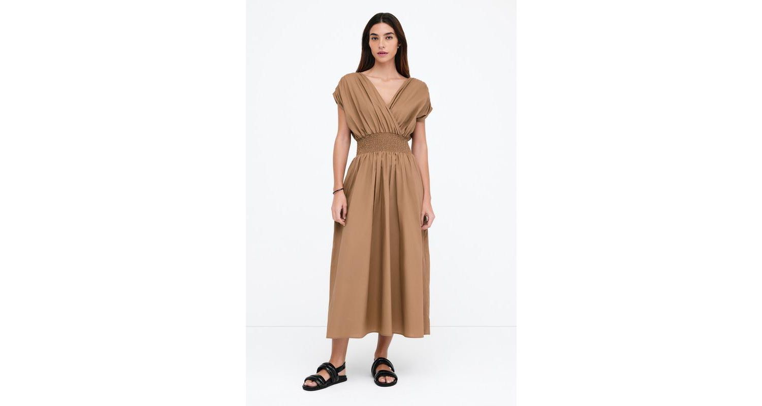 Women's Signe V-Neck Smocked-Waist Off-Shoulder Cotton Dress with Pockets