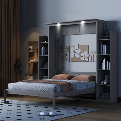 Streamdale Queen Size Murphy Bed Wall Bed with Shelves and LED Lights, White