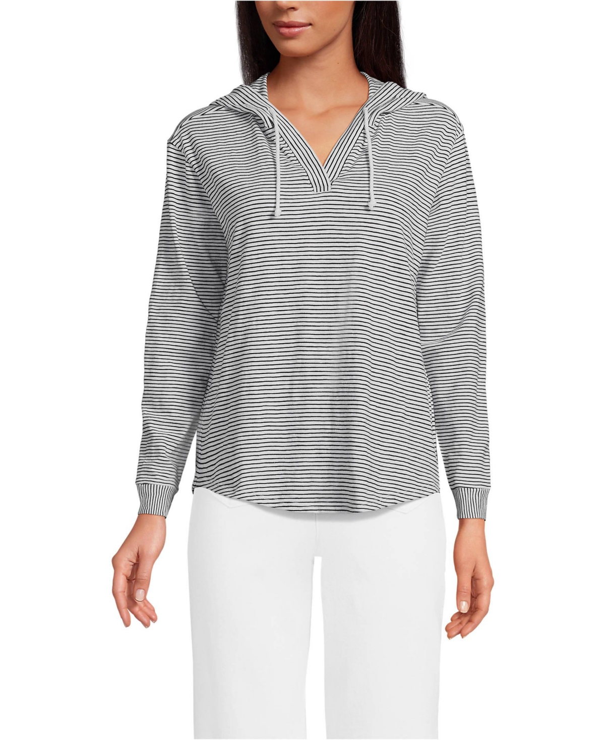 Lands' End Women's Long Sleeve Slub Hooded Popover -black stripe