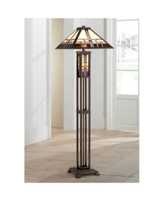 Mission Rustic Floor Lamp 60 1/2" Tall Oiled Bronze with Nightlight Geometric Stained Art Glass Shade for Living Room Bedroom